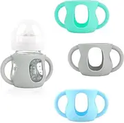 3-Pack Avent Glass Bottle Silicone Sleeve with Handles, BPA-Free Drop-Resistant Baby Bottle Sleeves, Compatible with Philips Avent Natural Glass Baby Bottles (Bright Blue+Grey+Blue, 120ml)