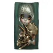 Cool Dark Art Girl Holds Resurrected Triceratops Beach Towels Medium Large Extra Large