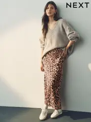 Leopard Print Satin Midi Skirt (E57513) | $66