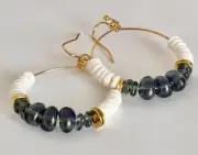 Beautiful Gold, Blue Glass Bead and White Heishi Shell Hoop Earrings.