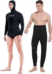 DEMMET Men 7mm Wetsuit High Stretch Two-Piece Neoprene Hunting Suit Long Sleeve Hooded Wetsuit and Pants Padded Warmth Deep Dive Spearfishing