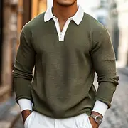 Men's Waffle Polo Shirts Quarter Zip Polo Outdoor Causal Quarter Zip Long Sleeve Fashion Modern Solid Color Knitted Spring Fall Standard Fit Navy Blue Dark G