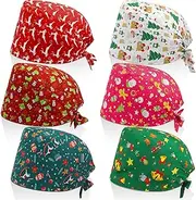 Panitay 6 Pcs Christmas Bouffant Scrub Cap for Women with Buttons Adjustable Xmas Working Cap Men Scrub with Sweatband Gifts