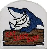 Eat Sleep Surf Happy Shark with Surfboard Embroidered Patch Iron On. Size: 3.5 x 3.9 inches.