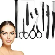 7-Piece Eyebrow Grooming Kit, Includes Folding Eyebrow Razor, Straight Handle Razor, Pointed Tweezers, Hook Tweezers, Stainless Steel Brow Scissors, Long Handle Spiral Brush, and Dual-End Eyelash Comb