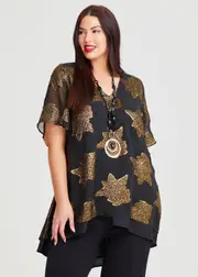 [Taking Shape] Taking Shape Aphrodite Jacquard Event Tunic Size 12 in Black / Gold, Viscose - Plus Size Women's Clothing Black / Gold