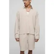 Mens White Oversized Crease Cheesecloth V-Neck Overhead Shirt & Short Set