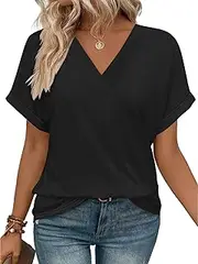 [iChunhua] Basic V Neck T Shirts for Women UK Plain Short Rolled Sleeve Summer Tops