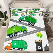 Erosebridal Garbage Truck Bedding Set Twin Size,Cartoon Car Bed Sheets for Toddler Kids Boys,Trash Truck Dark Green Fitted Sheet for Youth Teens Room Decor,Machinery Vehicle 2 Pieces Sheets