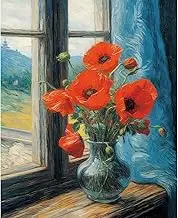 Tucocoo Poppy Vase Paint by Number for Adults Beginner, DIY Digital Oil Painting Kits on Canvas with Brushes and Acrylic Pigment, Rustic Window Flower Artwork for Home Decor 16x20 inches (Frameless)