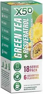 Green Tea X50 Green Tea & Resveratrol Assorted Flavours Energy Drink Powder 18 Sachets, Antioxidants, Fat Burner,, Peach, Tropical, Passionfruit, Raspberry, Mango, Lemon and Ginger. 54 grams