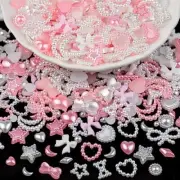 1200Pcs 3D Multi Shapes Nail Charms and Flatback Pearls, Set 1-White&Pink