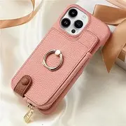 for iPhone 12Pro Max Leather Zipper Wallet with Card Holder Phone Case Ring Kickstand Cover(for iPhone 12Pro Max/Pink)