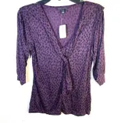 NEW Banana Republic Blouse Womens S Purple Animal Print Short Sleeve Front Tie