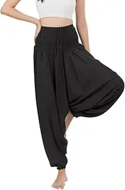 [BANJAMATH] Women's Peacock Print Aladdin Harem Hippie Pants Jumpsuit, Black, Large