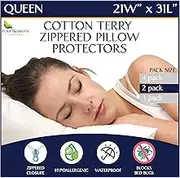 Queen Cotton Terry Pillow Protectors (Set of 2) – Allergy Pillow Cover Waterproof Hypoallergenic Dust Proof Zippered Encasement