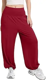 [Mintreus] Women's Harem Pants, High Waist Boho Palazzo Trousers with Front Pockets Summer Hippie Pants 2025, Dark Red, Small