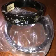2 Bangle Bracelet Set 3 Inch Floral Flower Design In Resin Plastic Or Wood Antiq