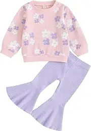 [DSORVICD] Toddler Girl Fall Clothes Floral Knit Crewneck Sweatshirts Flare Pants Set Bell-Bottoms Outfits