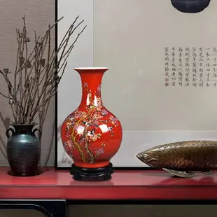 景德鎮陶瓷花瓶紅色花鳥花瓶中式家居擺件客廳飾品創意鮮干花瓷瓶