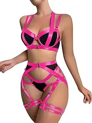[Lilosy] Sexy Strappy Underwire Push Up Garter Belt Women Lingerie Set Harness Cutout Bra Panty 3 Piece