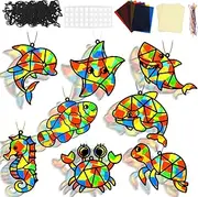 32Sets Ocean Animals Suncatchers Craft Kit DIY Sun Catchers Window Stained Glass Effect Paper Under The Sea Home School Classroom Decoration Art Craft Creative Activity Project Kid Gift Favor