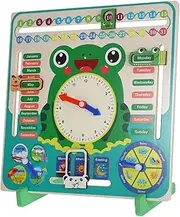 CVUTOVO Wooden Frog Clock Calendar Learning for Montessori Cognitive Teaching Aid and Date Education Tool for Kindergarten Engaging Math and Calendar Cognition Games