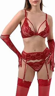 [Lidogirl] Women Lingerie with Stockings and Gloves, Sexy Garter Belt Lingerie Set