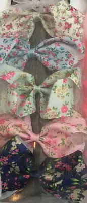 Hair Bows Girls 5 Pack Multi-Floral Prints Gross Grain 5" Clip Style Ages 3+ NEW