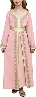 [ODIZLI] Muslim Dress for Kids Girls Abaya Middle East Ramadan Long Sleeve Lace Prayer Dress Arabic Kaftan with Belt