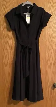 Nina Leonard Women’s SS Black Belted Button Front Fit & Flare Midi Dress M NWT