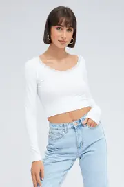 White Top Long Sleeve Round Neck Seamless - Size M, Women's Top