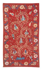 29x47 in Silk Embroidery Wall Hanging. Modern Bed Cover. Red Handmade Tablecloth
