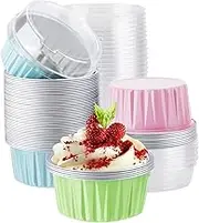 50pcs 5oz Disposable Aluminium Ramekins, Colored Mini Aluminium Foil Baking Cups with Lids Creme Brulee Cupcake Liners, Oven Safe Aluminum Cupcake Liners Containers(Colored)