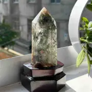 340g Natural Phantom Ghost Quartz Obelisk Quartz Cystal Point Wand Tower + Stand