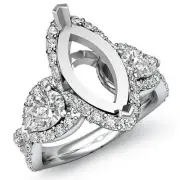 3 Stone Diamond Wedding Pear Marquise Mount Halo Pave Ring 18k White Gold 1.4Ct
