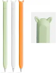ELETIUO 3 Pack Cute Ear Case Silicone Skin Cover for Apple Pencil 2nd Generation Accessories Compatible with iPad Pro 11 12.9 inch(White, Orange,Green)