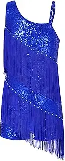 [Jhaoyu] Kids Girls Sequins Tassel Latin Ballet Dance Dress Rumba Samba Ballroom Fringe Tutu Skirt Leotard Performance Costume