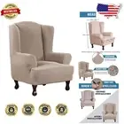 Luxurious Stretch Jacquard Wing Chair Cover - Machine Washable Protector in Sand