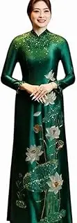 [HOADINH5953] Traditional Vietnamese Women's Ao Dai, High Collar, Ruby Silk Material, Embroidery, Beading, Ao Dai And Pants