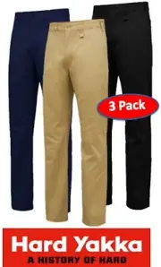 HARD YAKKA - 3 PACK - ’CORE BASIC’ STRETCH COTTON DRILL WORK PANT 270gsm -Y02596