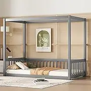Twin Size Canopy Frame Floor Bed with Guardrails for Kids,Canopy Kids Platform Bed with Four Poster Design,Wood Canopy Bed Frame for Girls,Boys(Twin,Grey)
