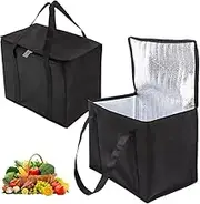 WEZCHUGHAOL 2 Pack Cooler Bag and Insulated Grocery Bags for Food Delivery, Collapsible Cooler, Reusable Shopping Bags for Groceries with Zipper, Foldable, Heavy-Duty, Stands Upright (Black)