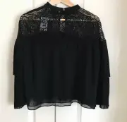 Abercrombie & Fitch Black Lace Pleated Bell Sleeve Chiffon Layered Blouse Top M