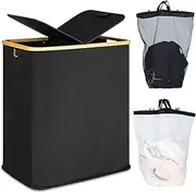 efluky Laundry Basket with Lid 140L 2 Compartments Extra large Washing Baskets for Laundry, Laundry Bin Linen Cloth Basket with 2 Removable Laundry Bags, Black