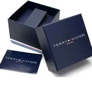 Tommy Hilfiger 時尚藍面玫瑰金框三眼皮革男錶 1710503 錶徑44MM