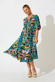 Devana Midi Smock Dress Half Sleeve in Black Multi Print 8