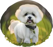 Bichon Frise Dog On The Grass Print Various Activities Shower Cap Reusable Soft And Lightweight Bath Hair Cap Long Hair