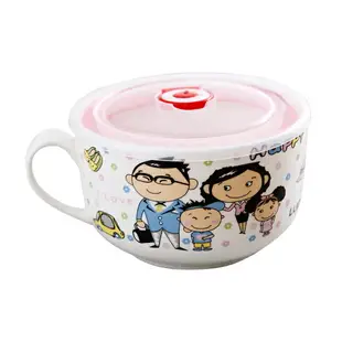 創意日式韓式卡通可愛陶瓷帶把泡面碗套裝大號泡面杯帶蓋方便面碗