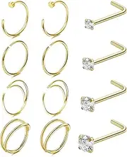 [Sanfenly] Nose Rings for Women Men 20G 316L Stainless Steel Nose Hoop L Shaped Nose Studs Silver Gold Rose Gold Black Rainbow Nose Piercing Jewelry